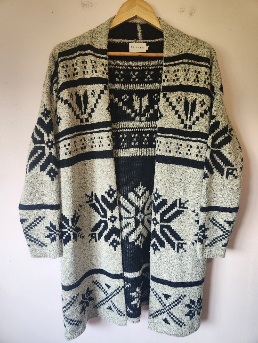 DREAMERS Chunky Fair Isle Snowflake Knit Longline Open Front Duster Cardigan M/L